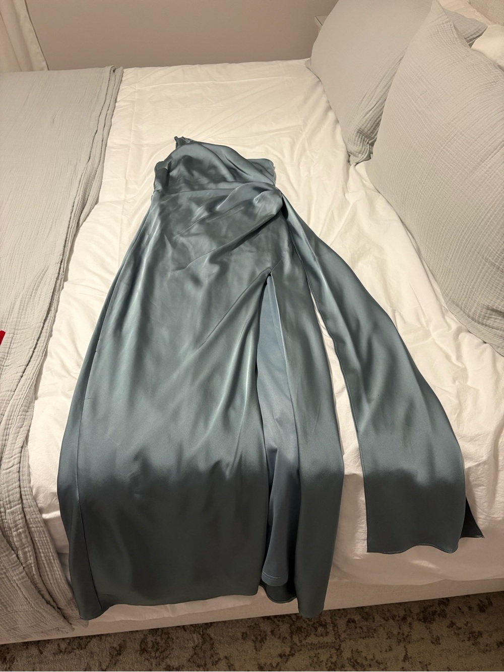 Lulu's One-Shoulder Satin Gown in Slate Blue-Green